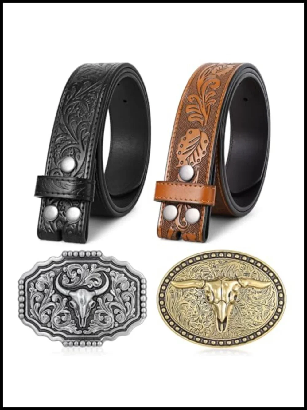 2 Pack Cowboy Belt Set Genuine Leather Western Belt Buckle Metal Gift